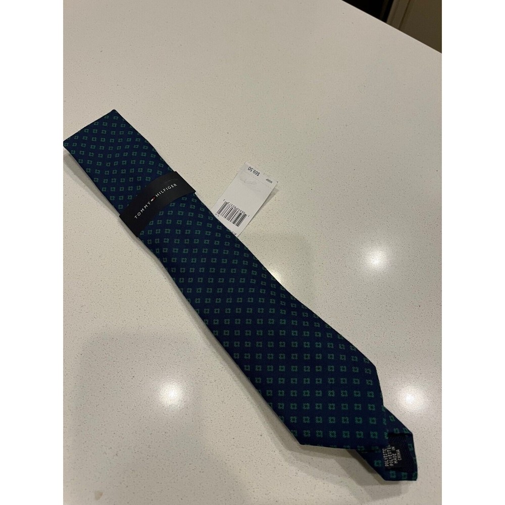 Tommy Hilfiger men's neck ties Blue with green squares NWT 100% polyester